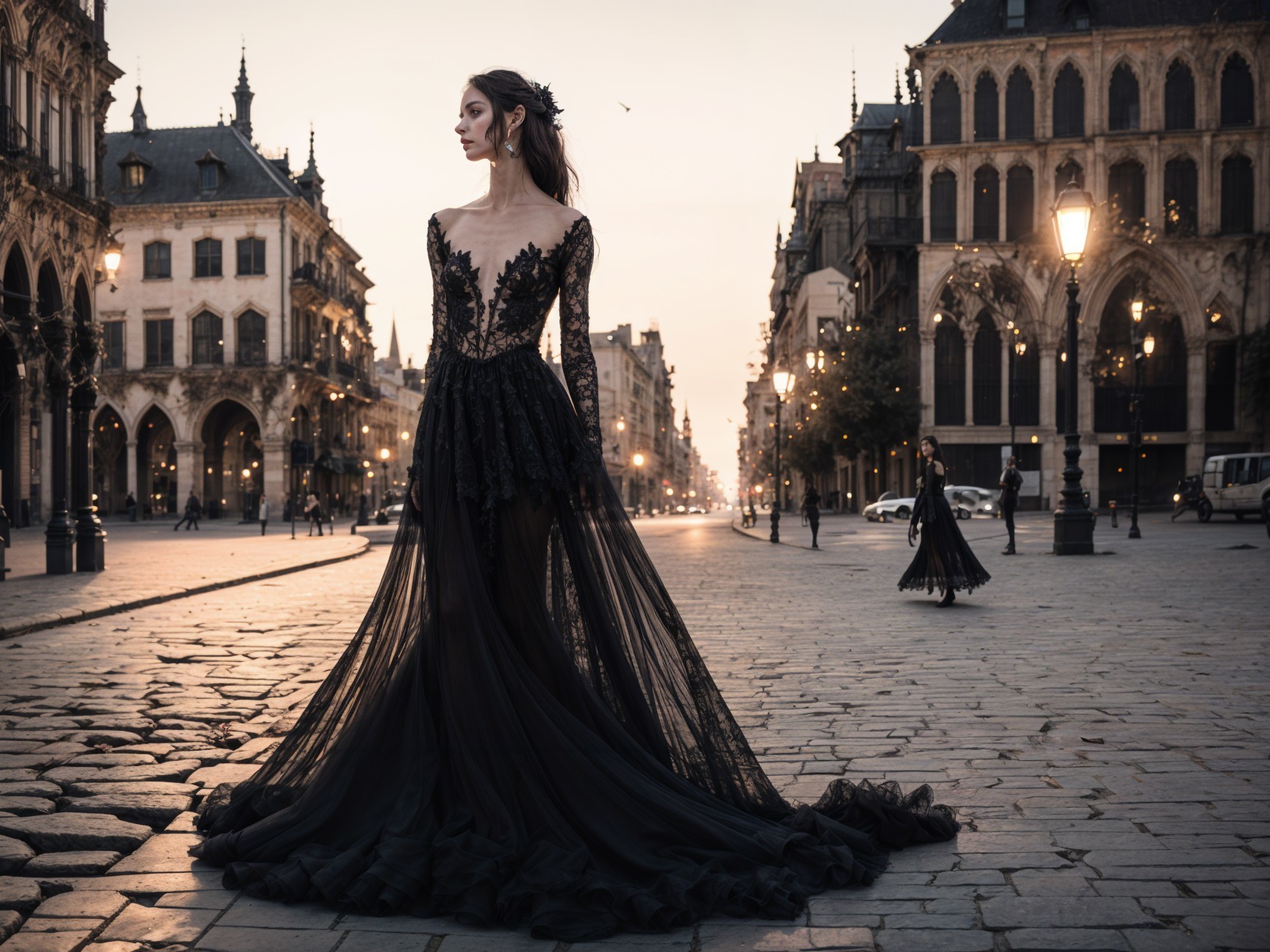 Elegant model in black gown on cobblestone street at dusk