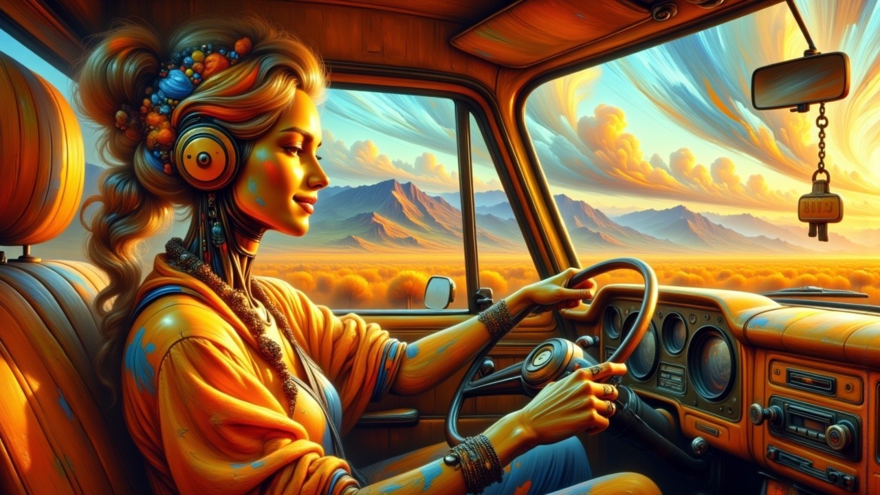 Stylized Illustration of Woman Driving Vintage Truck