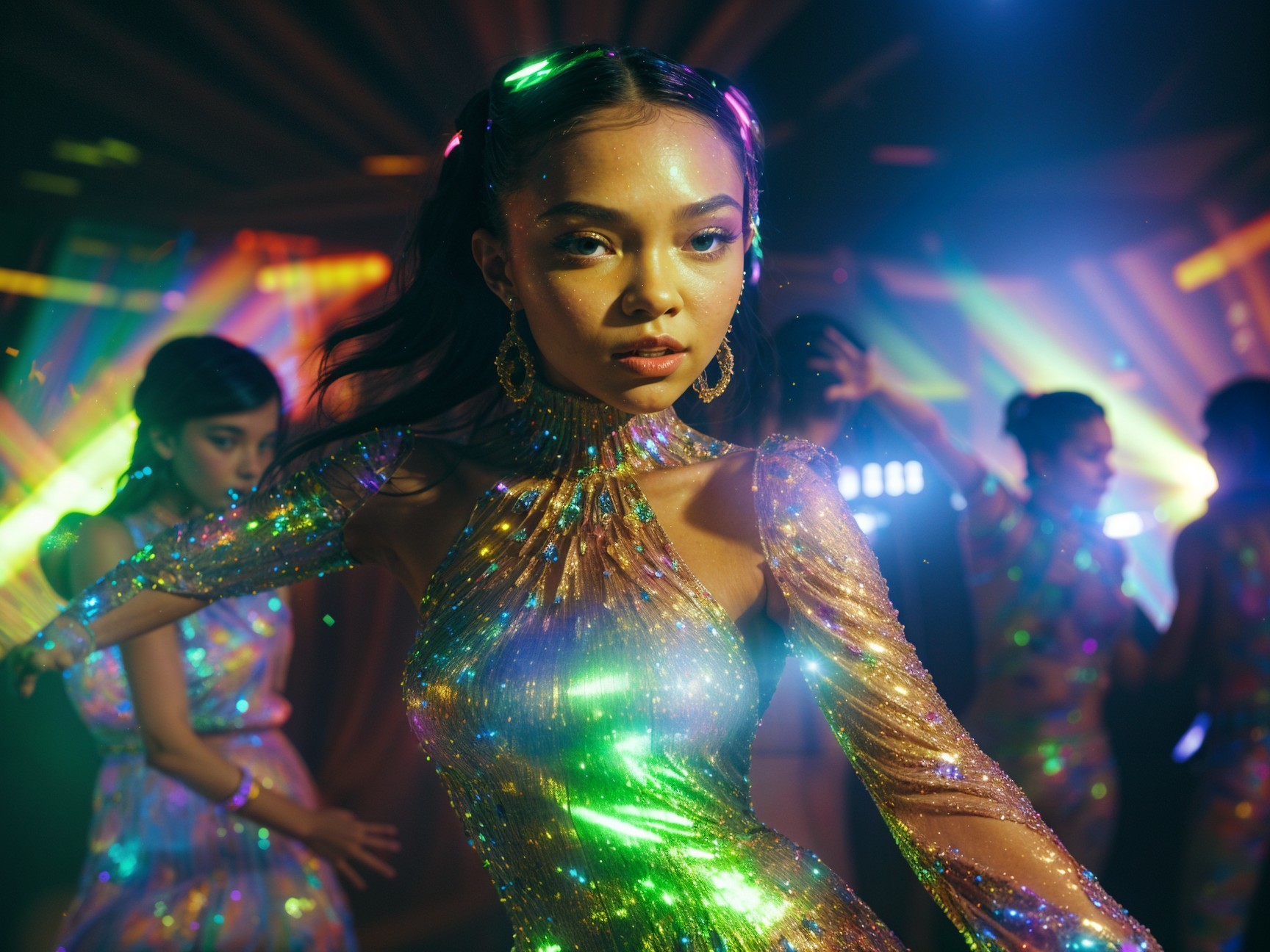Young woman in sequined dress under stage lights