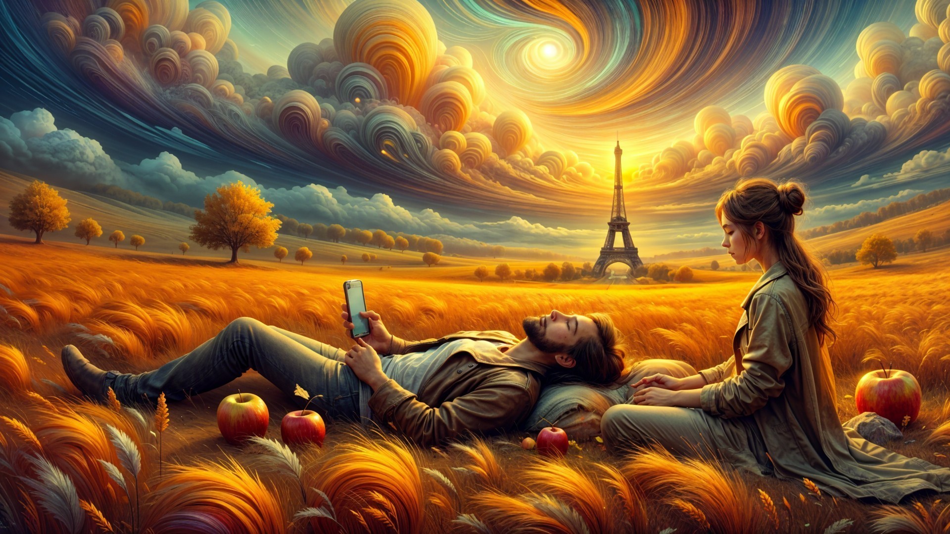 Man Relaxing in Golden Field at Sunset with Eiffel Tower