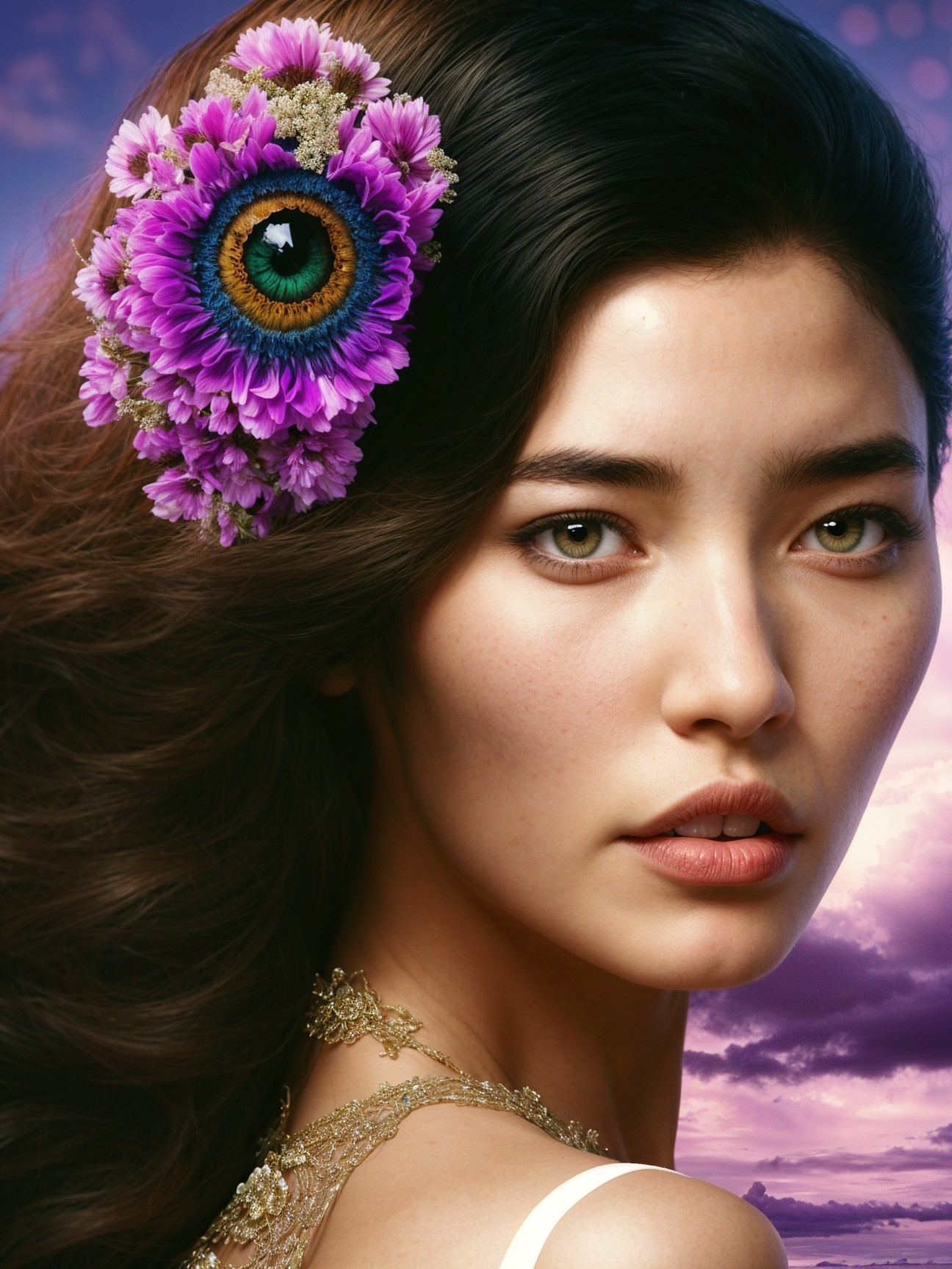 Portrait of a woman with floral accessory and dreamy sky