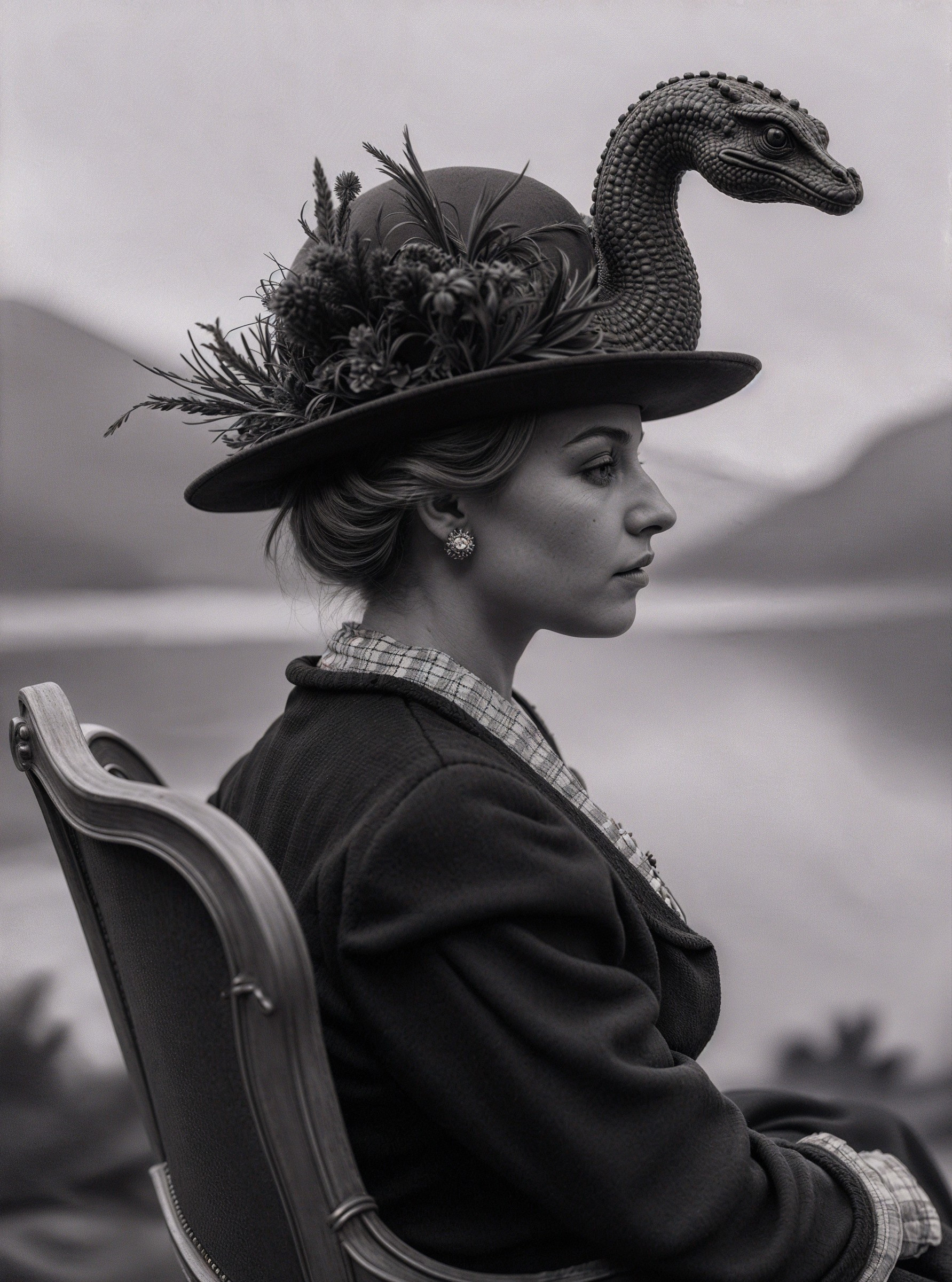 Profile of a Woman with Stylish Hat and Dinosaur Ornament