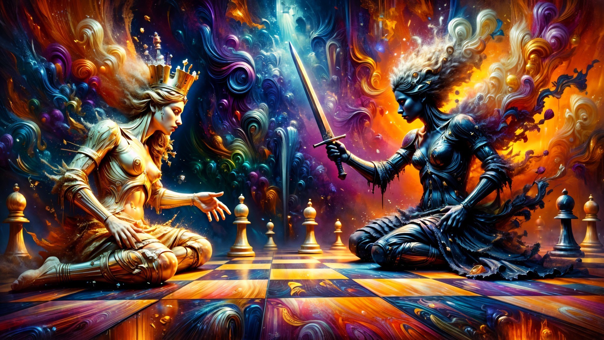 Cosmic Chess Match Between Golden Queen and Dark Warrior