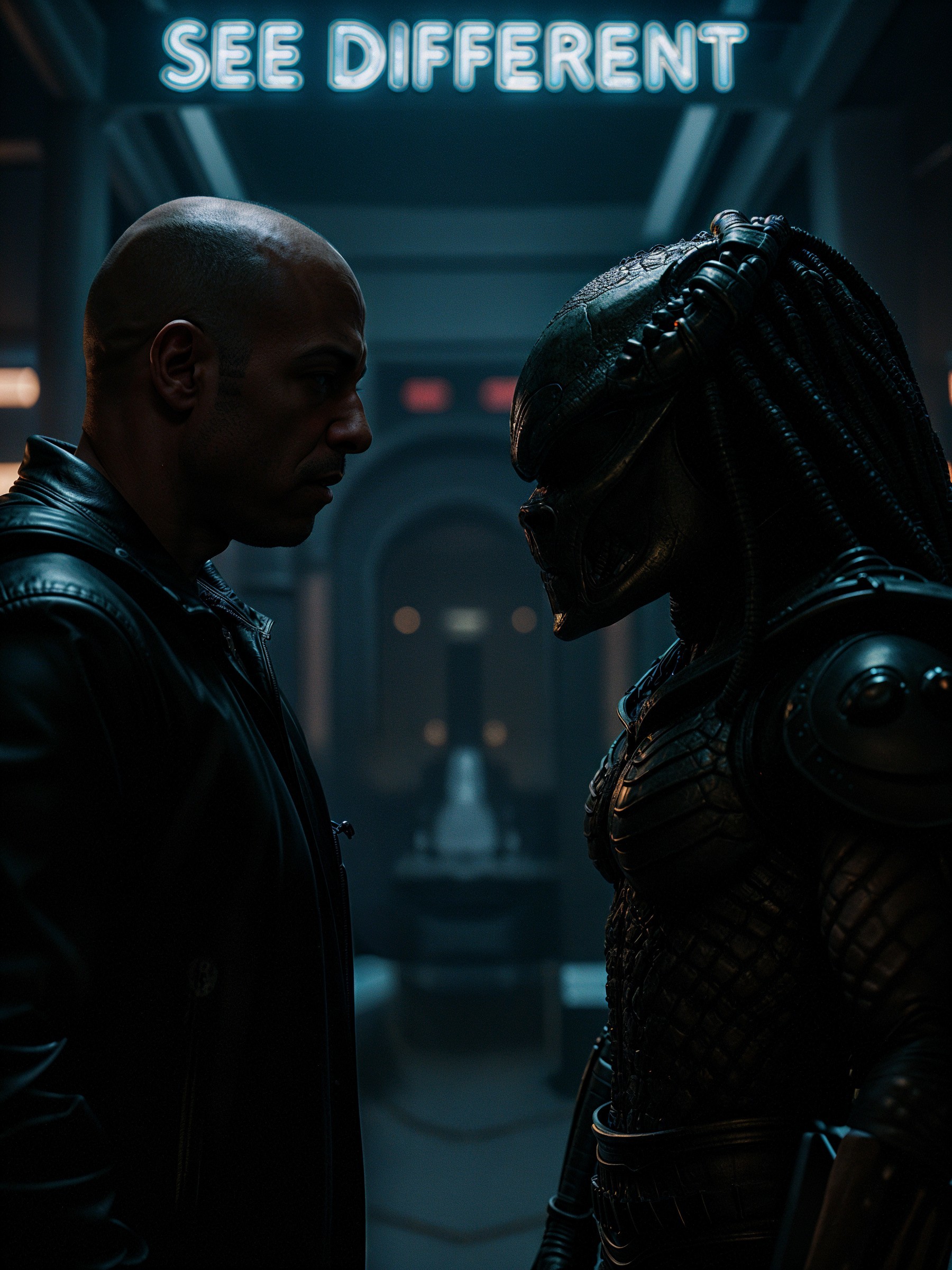 Dramatic Confrontation Between Man and Alien Predator