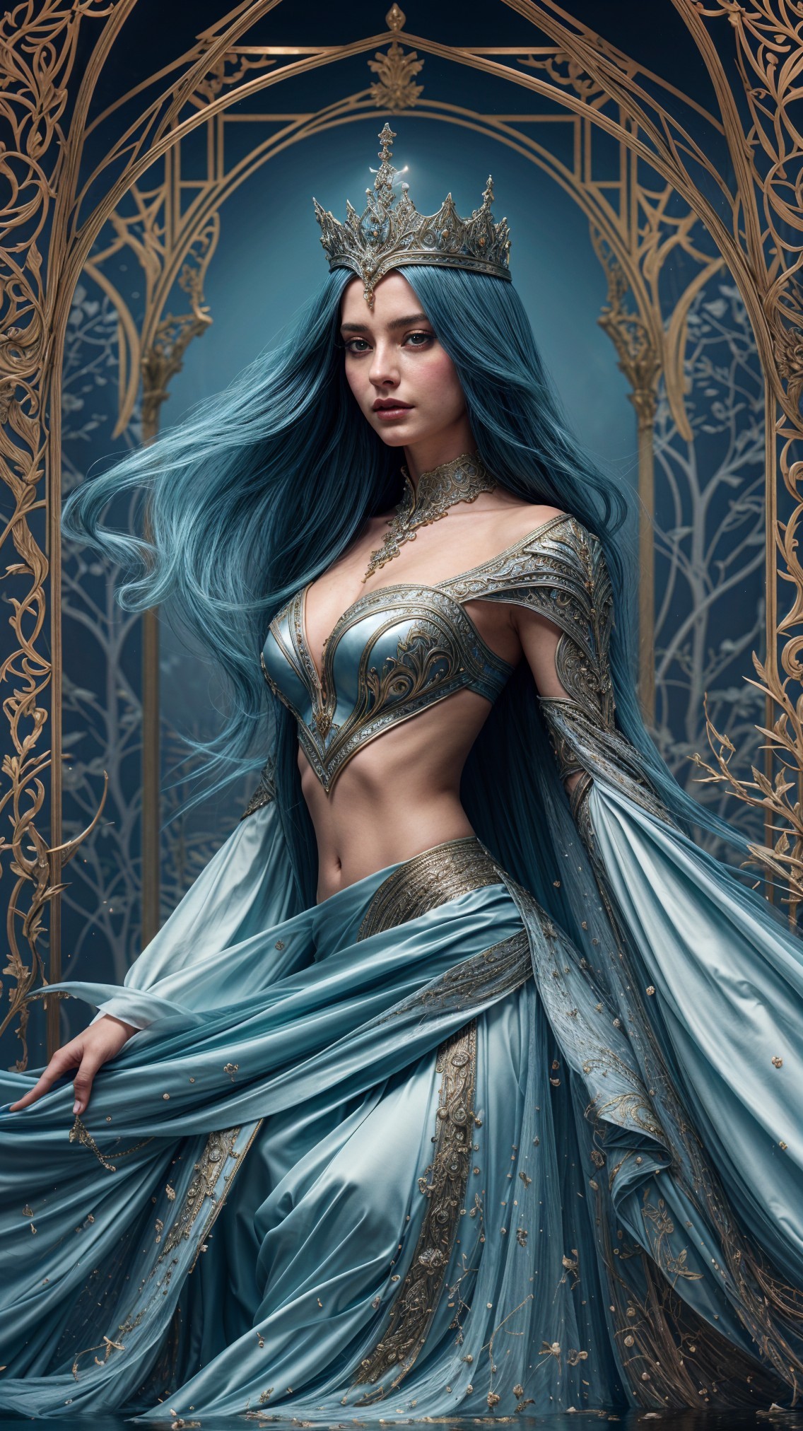 Regal figure in blue attire with gold embroidery