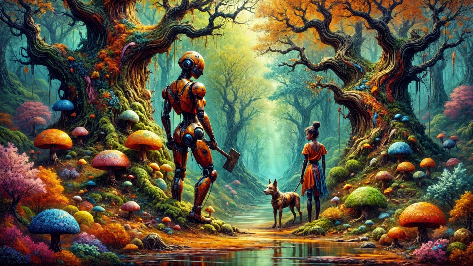 Futuristic Robot and Youth in Enchanted Forest Scene