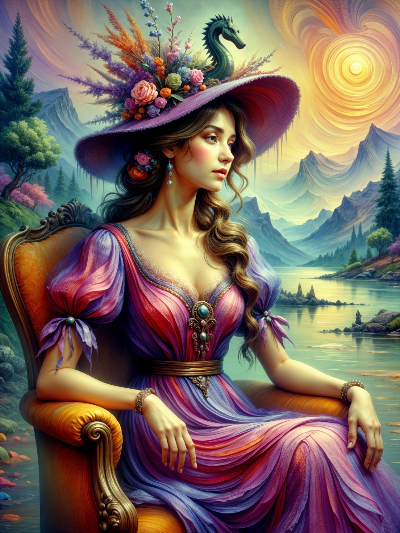 Young woman in flowing dress by serene lake at sunset