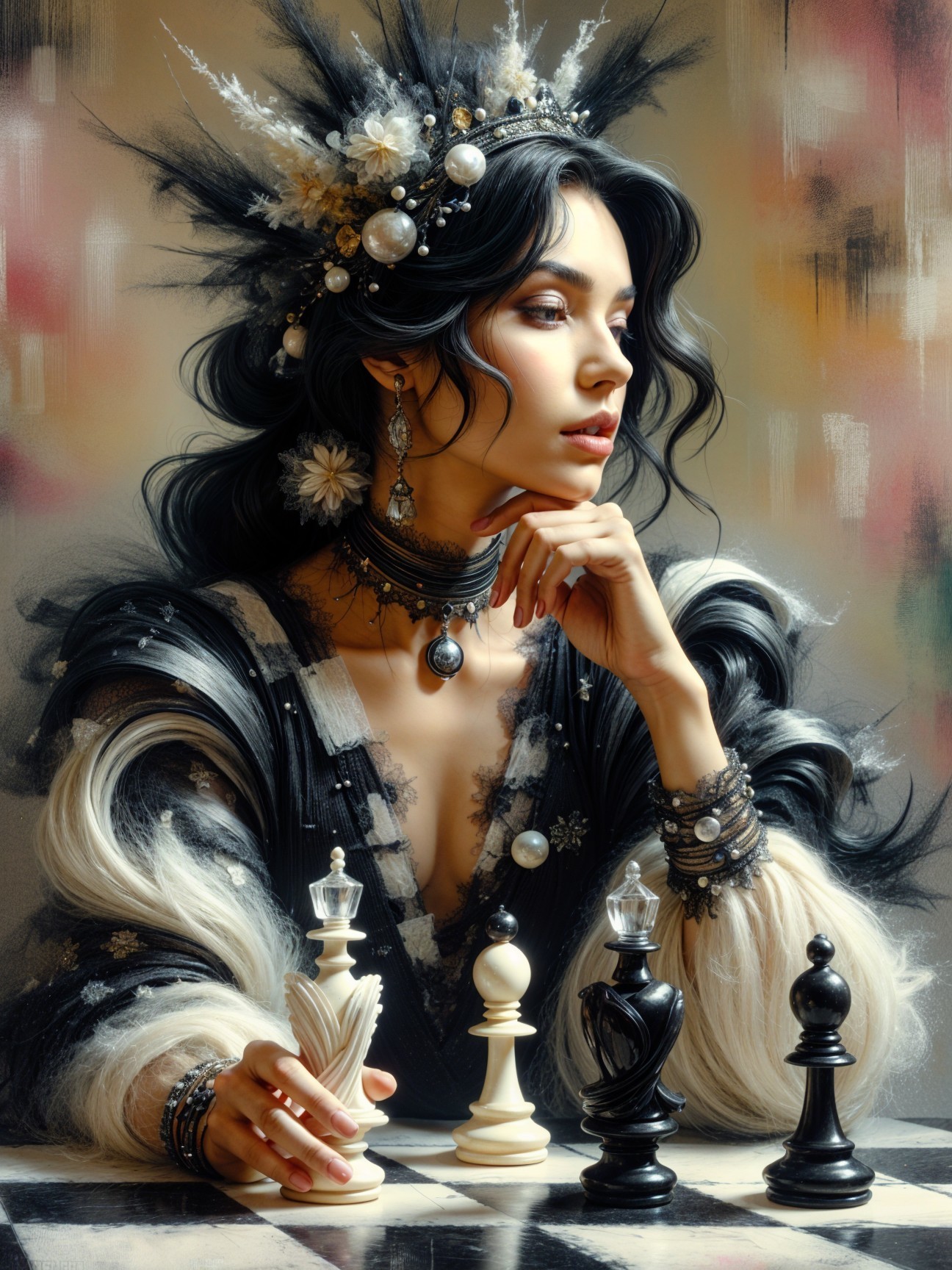 Elegant Woman with Black Hair Beside Chessboard