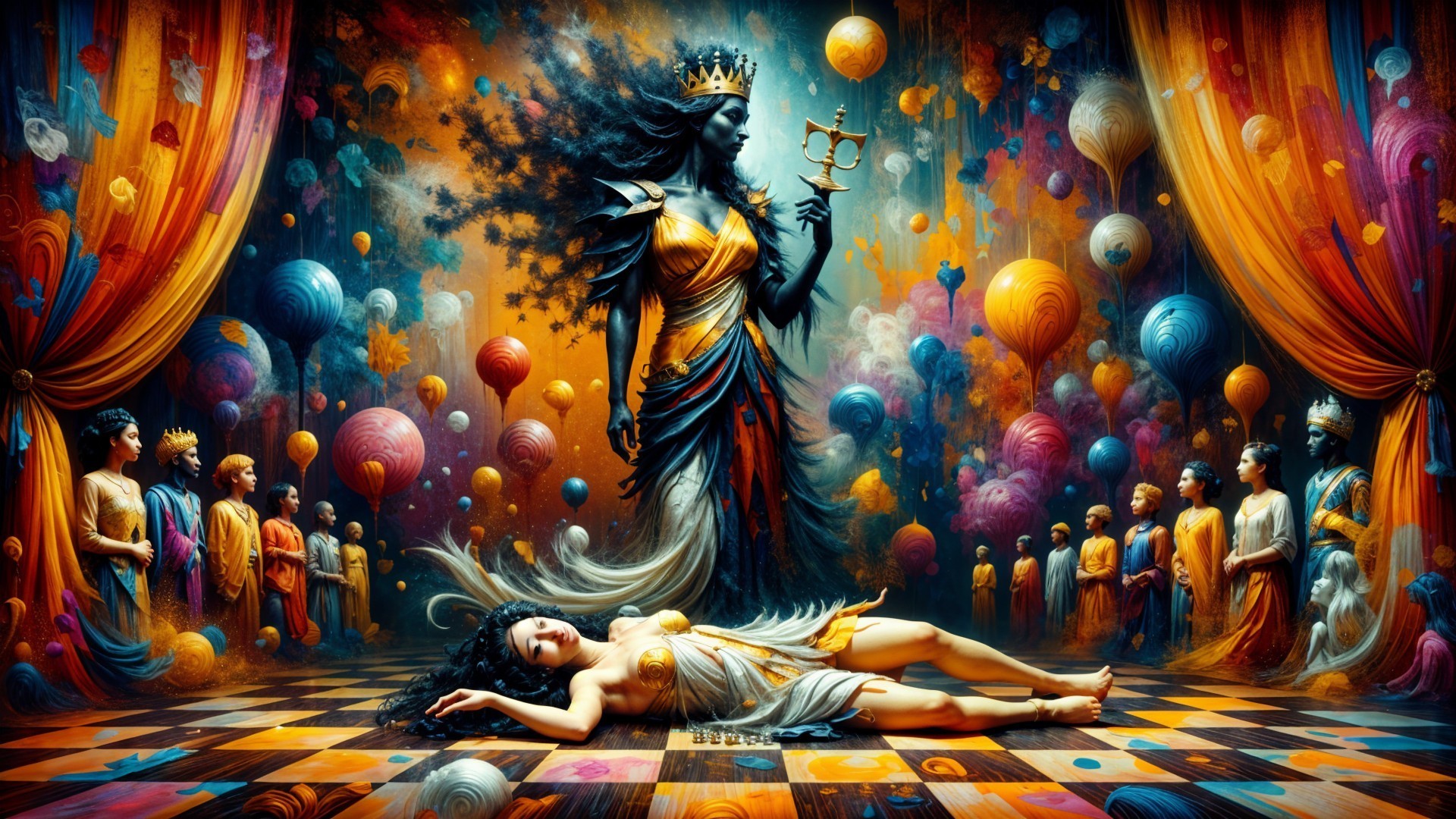 Majestic Dark Queen Overlooks Sleeping Figure Scene