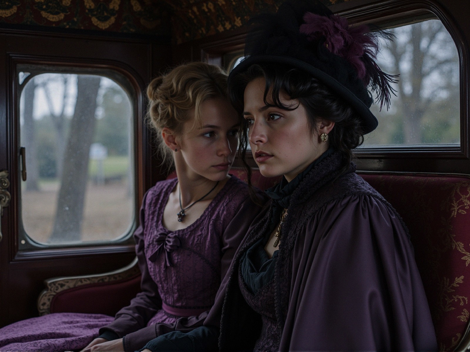 Women in Vintage Dresses Inside an Elegant Carriage