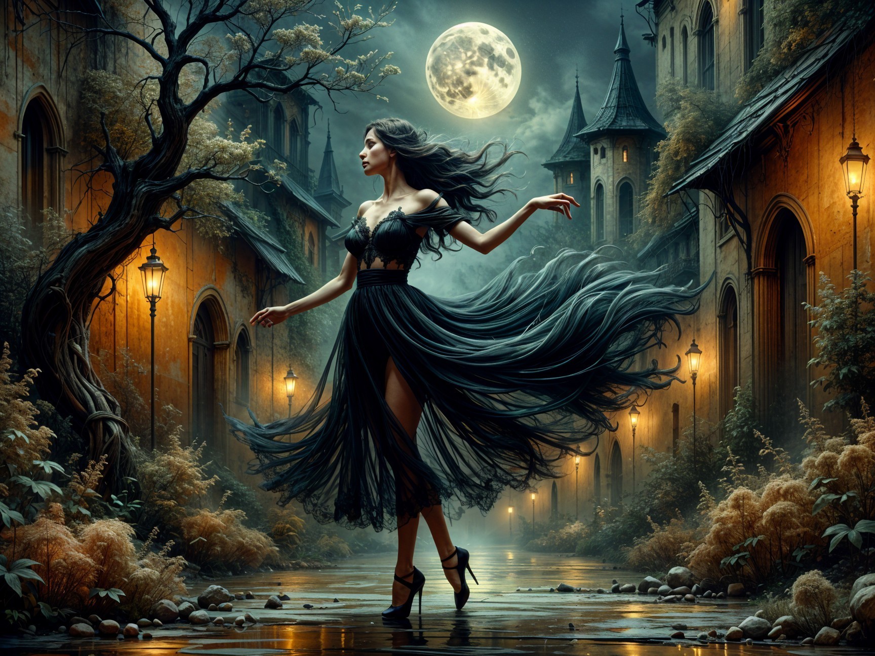 Moonlit Dance in Gothic Architecture with Ethereal Glow