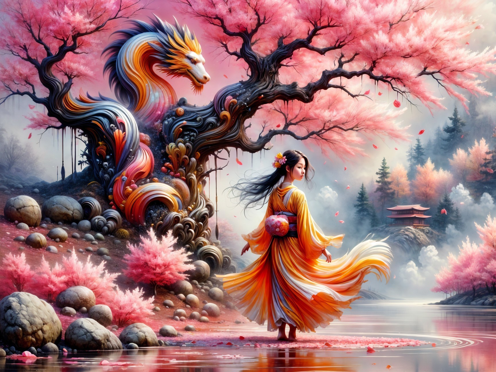 Cherry Blossoms and Dragon in Serene Landscape