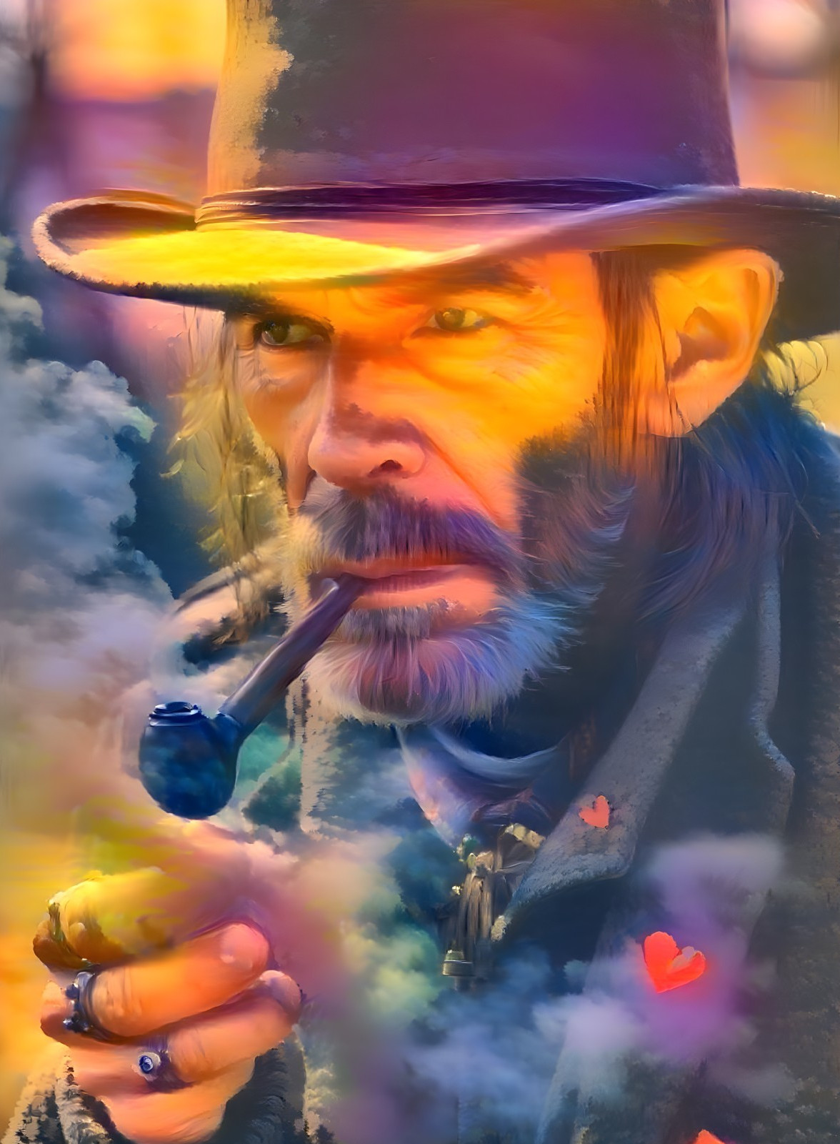 Rugged Man with Pipe and Colorful Heart Motifs