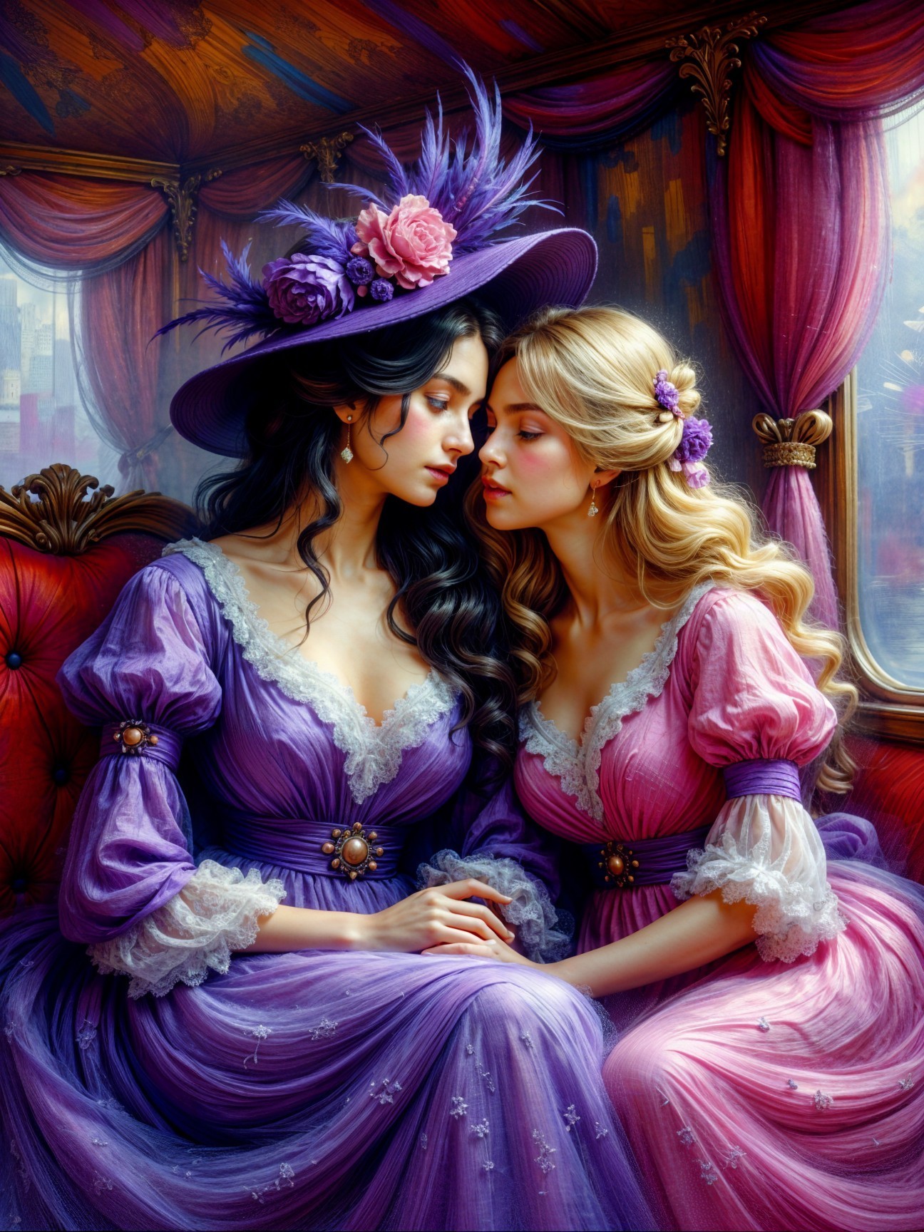 Elegant Women in Lavish Train Compartment Setting