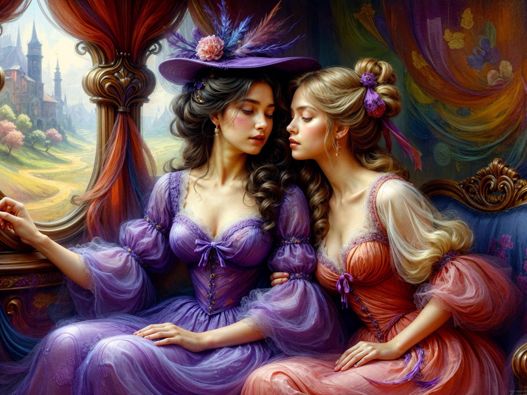 Elegant Women in Whimsical Setting with Castle Backdrop