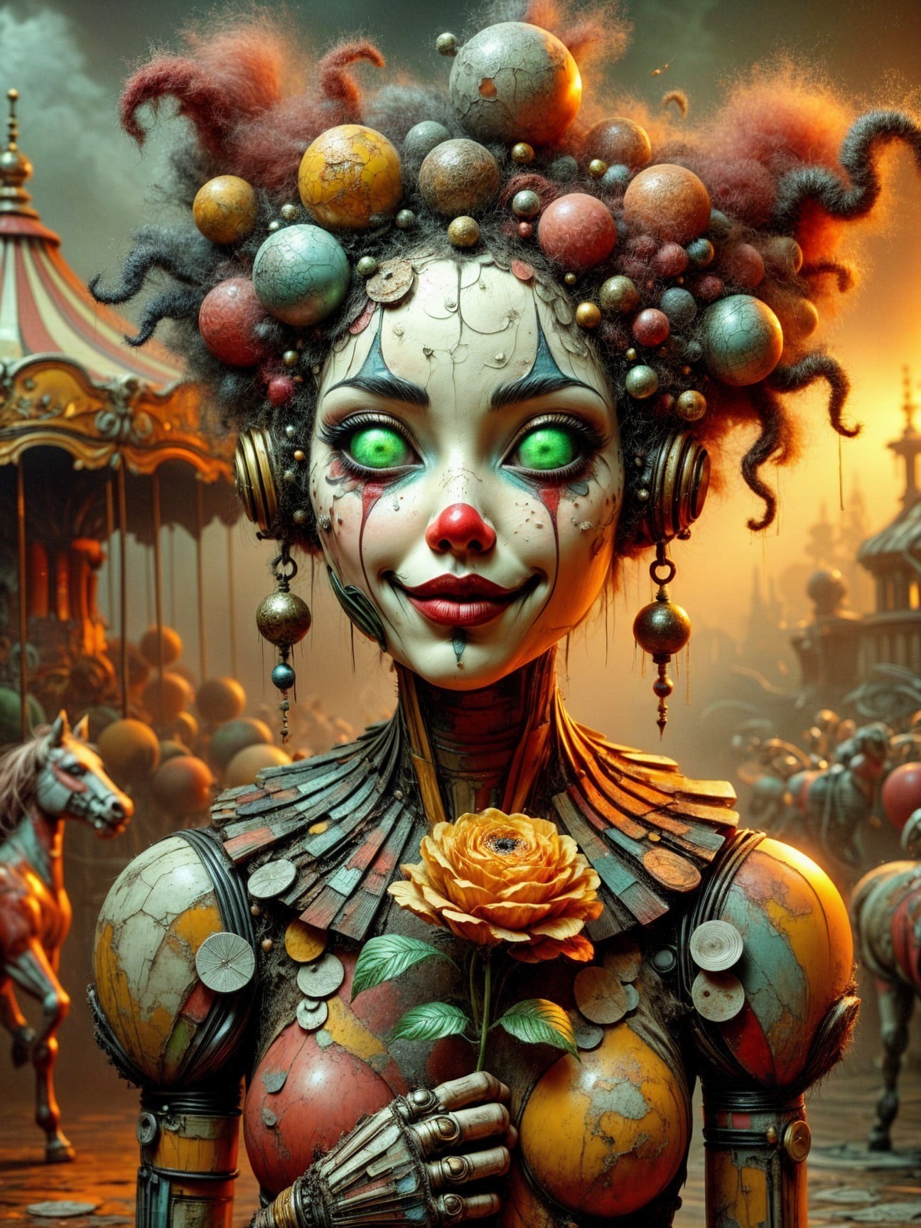 Robotic clown in a whimsical carnival setting
