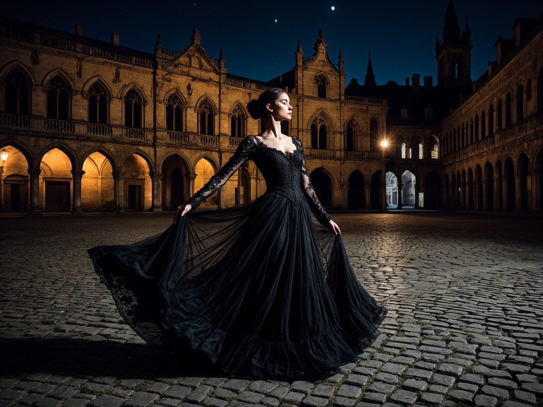 Elegant Figure in Black Gown in Historic Courtyard