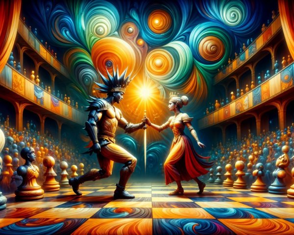 Knight and Queen Dance on Colorful Chessboard Stage
