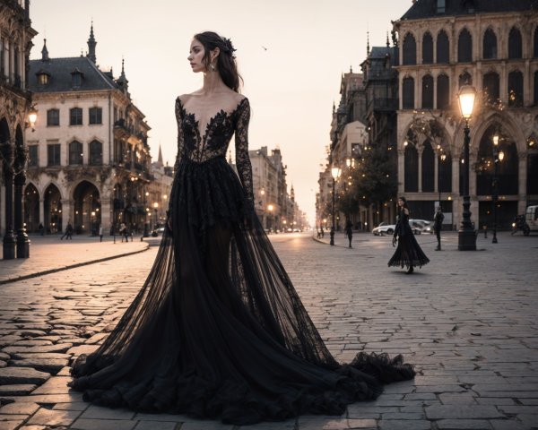 Elegant model in black gown on cobblestone street at dusk