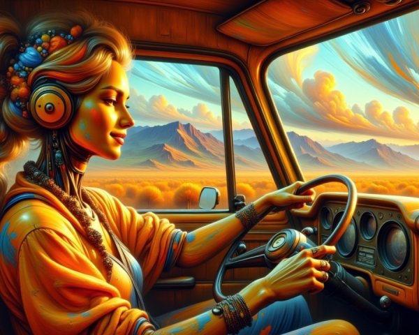 Stylized Illustration of Woman Driving Vintage Truck