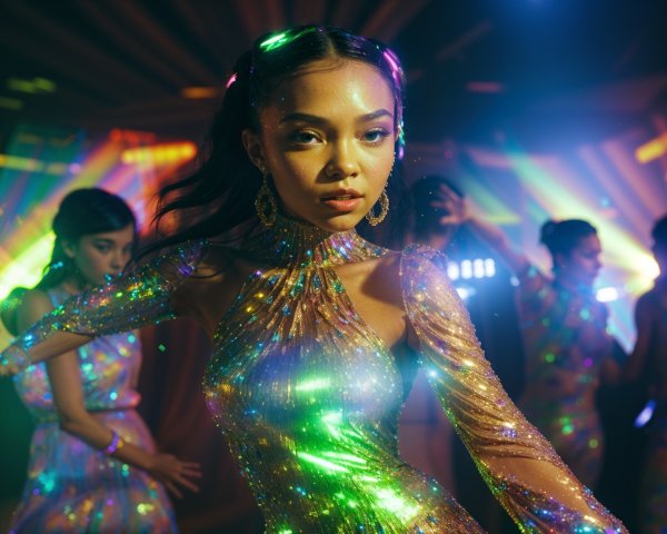 Young woman in sequined dress under stage lights