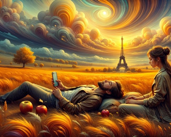 Man Relaxing in Golden Field at Sunset with Eiffel Tower