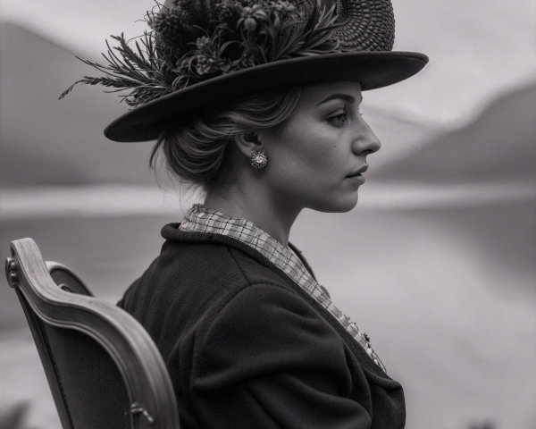 Profile of a Woman with Stylish Hat and Dinosaur Ornament