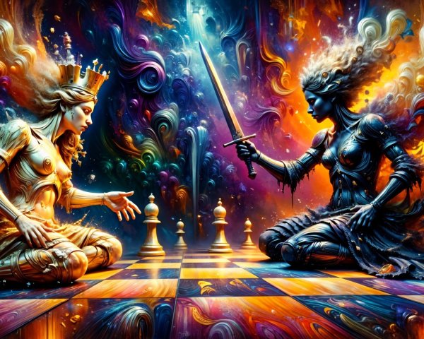 Cosmic Chess Match Between Golden Queen and Dark Warrior