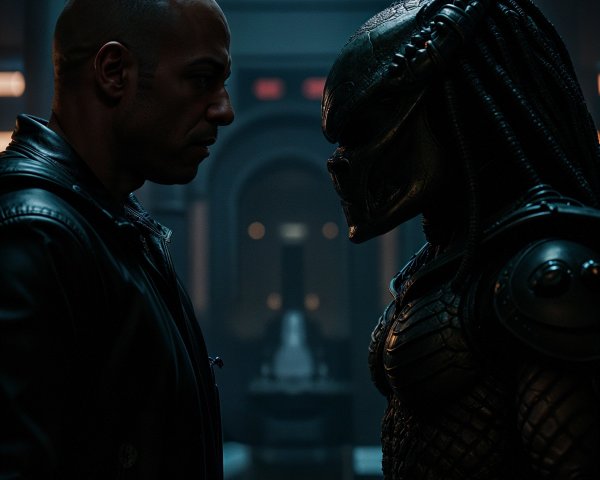 Dramatic Confrontation Between Man and Alien Predator