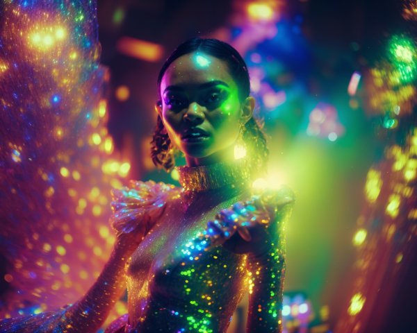 Model in Glittery Outfit Under Colorful Lights