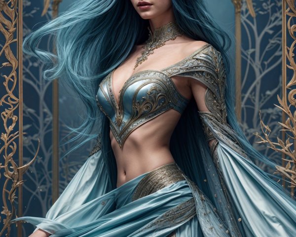 Regal figure in blue attire with gold embroidery
