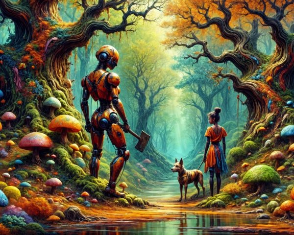 Futuristic Robot and Youth in Enchanted Forest Scene