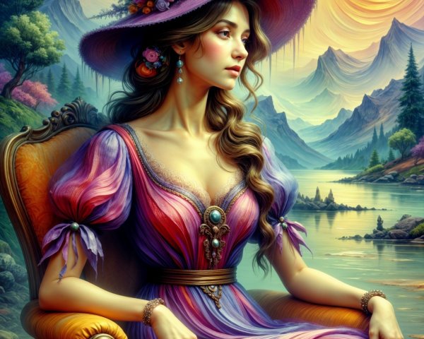 Young woman in flowing dress by serene lake at sunset