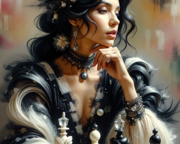 Elegant Woman with Black Hair Beside Chessboard