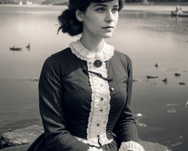 Woman in Vintage Outfit by Serene Lake with Hills