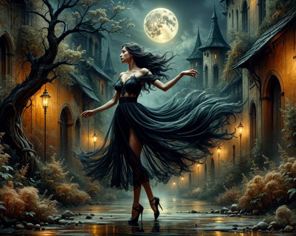 Moonlit Dance in Gothic Architecture with Ethereal Glow