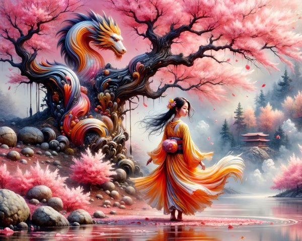 Cherry Blossoms and Dragon in Serene Landscape