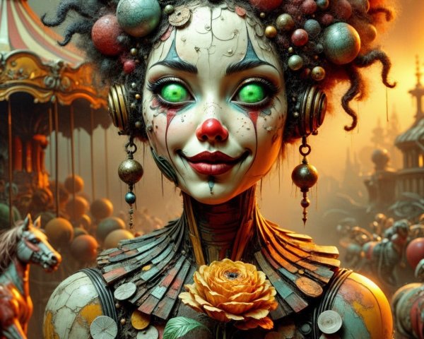 Robotic clown in a whimsical carnival setting