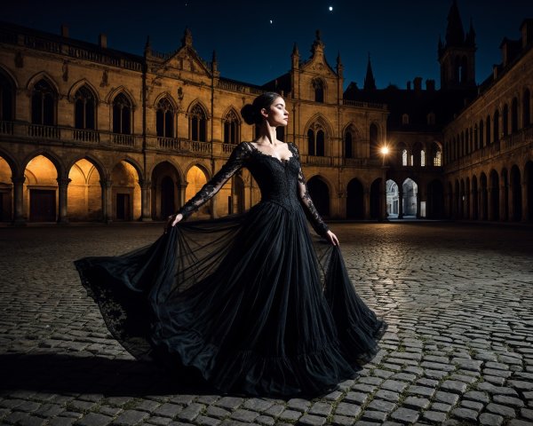 Elegant Figure in Black Gown in Historic Courtyard