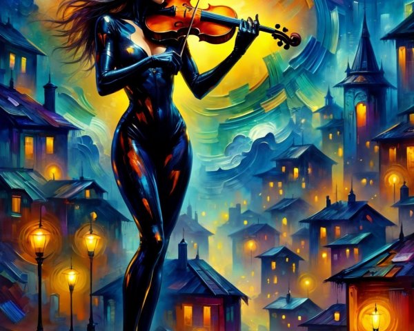 Feline Figure Playing Violin on Rooftop at Dusk