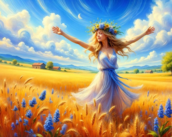 Young Woman Dancing in a Wheat Field with Floral Crown
