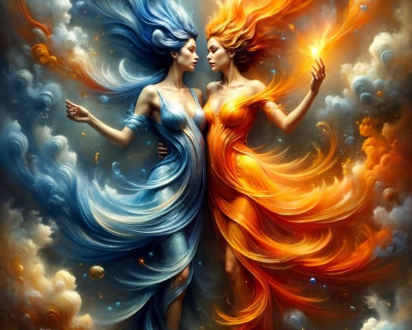Ethereal Figures of Water and Fire in Celestial Scene