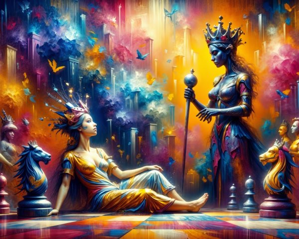Regal Queen in Surreal Setting with Chess and Butterflies