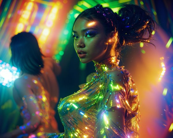 Model in Holographic Outfit Amidst Colorful Lights