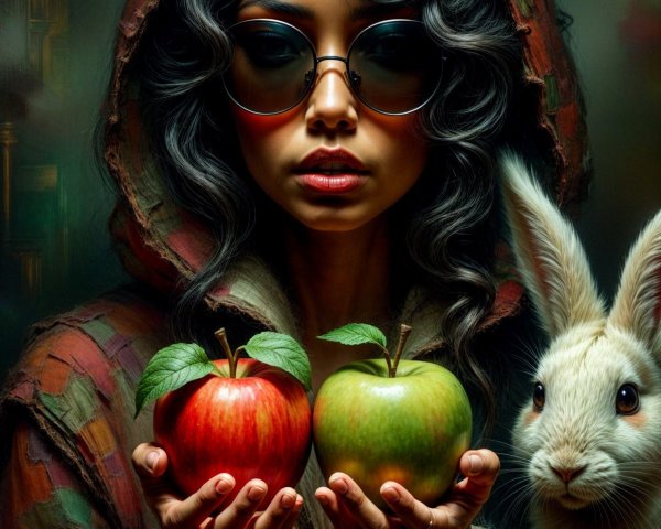 Mystical woman with apples and a curious rabbit