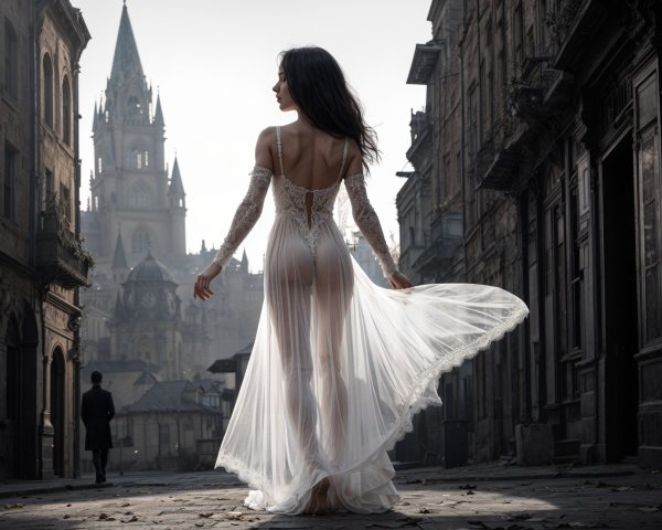 Elegant woman in sheer white gown on cobblestone street