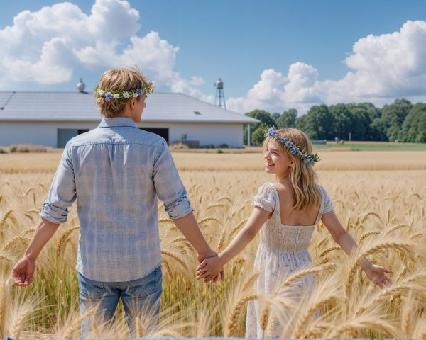 Couple in Casual Attire in a Wheat Field with Barn
