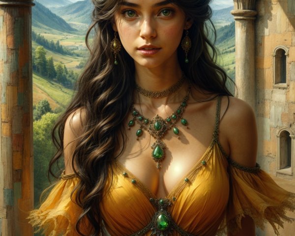 Young woman in yellow dress in picturesque landscape