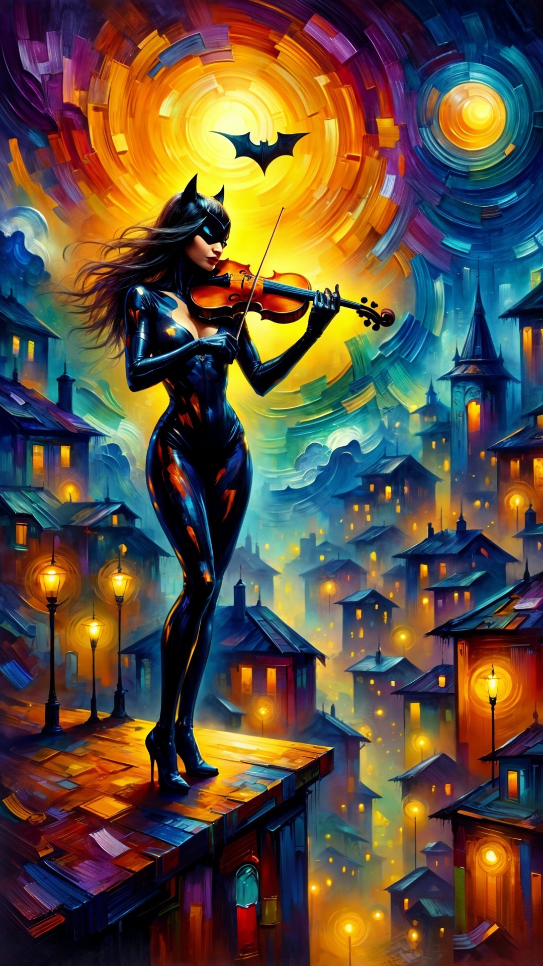 Feline Figure Playing Violin on Rooftop at Dusk