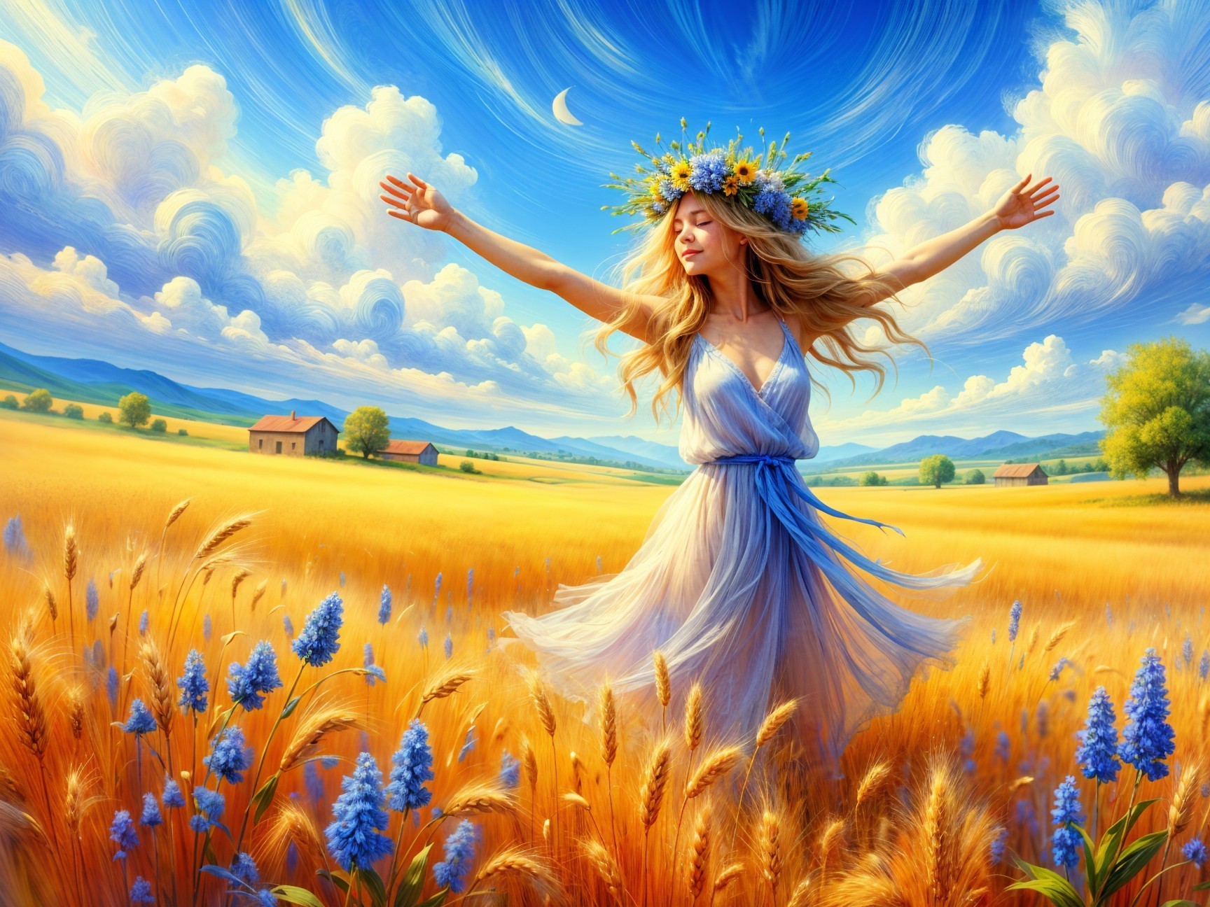 Young Woman Dancing in a Wheat Field with Floral Crown